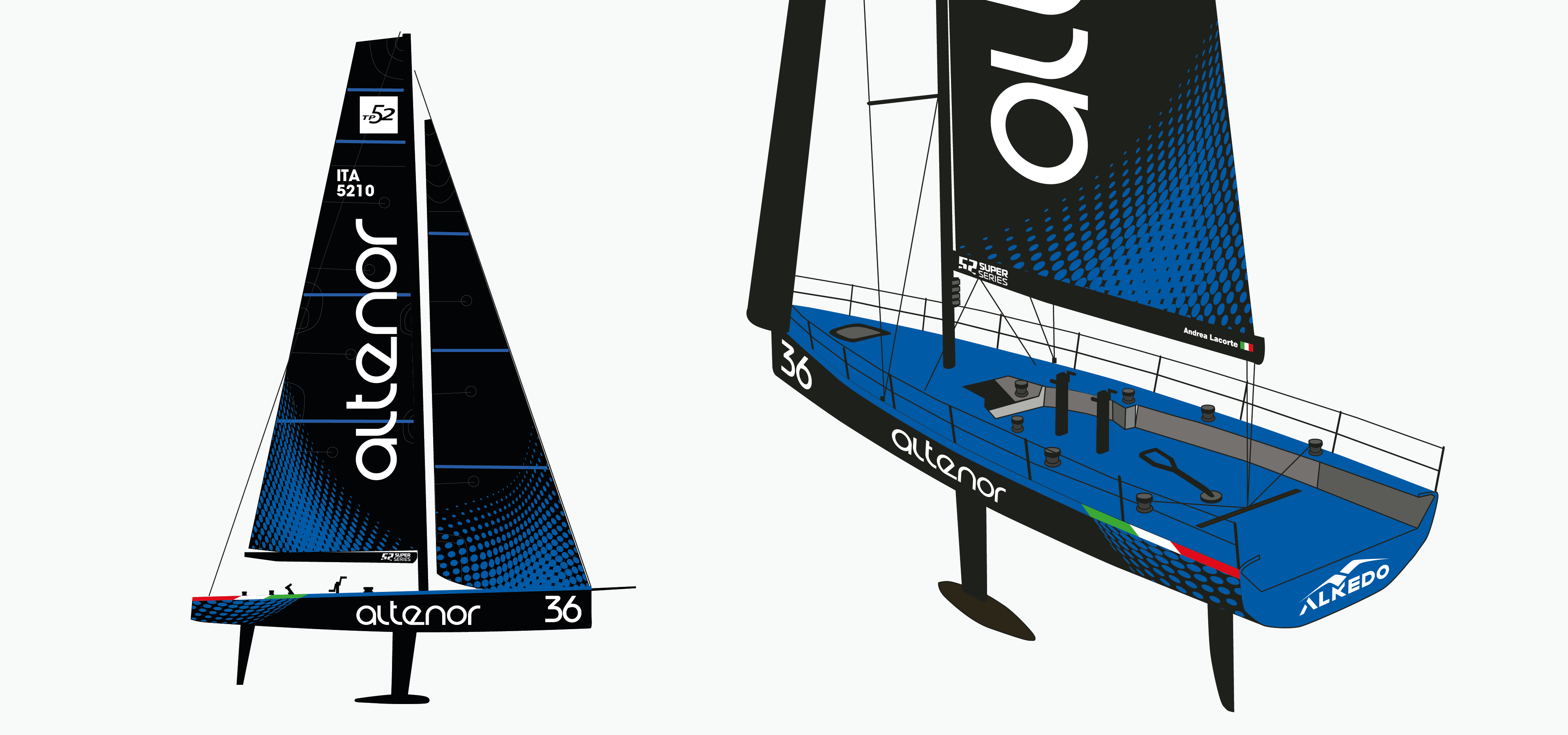 Alkedo Sailing Team: sistema visivo applicato all’imbarcazione e disegni tecnici della livrea.