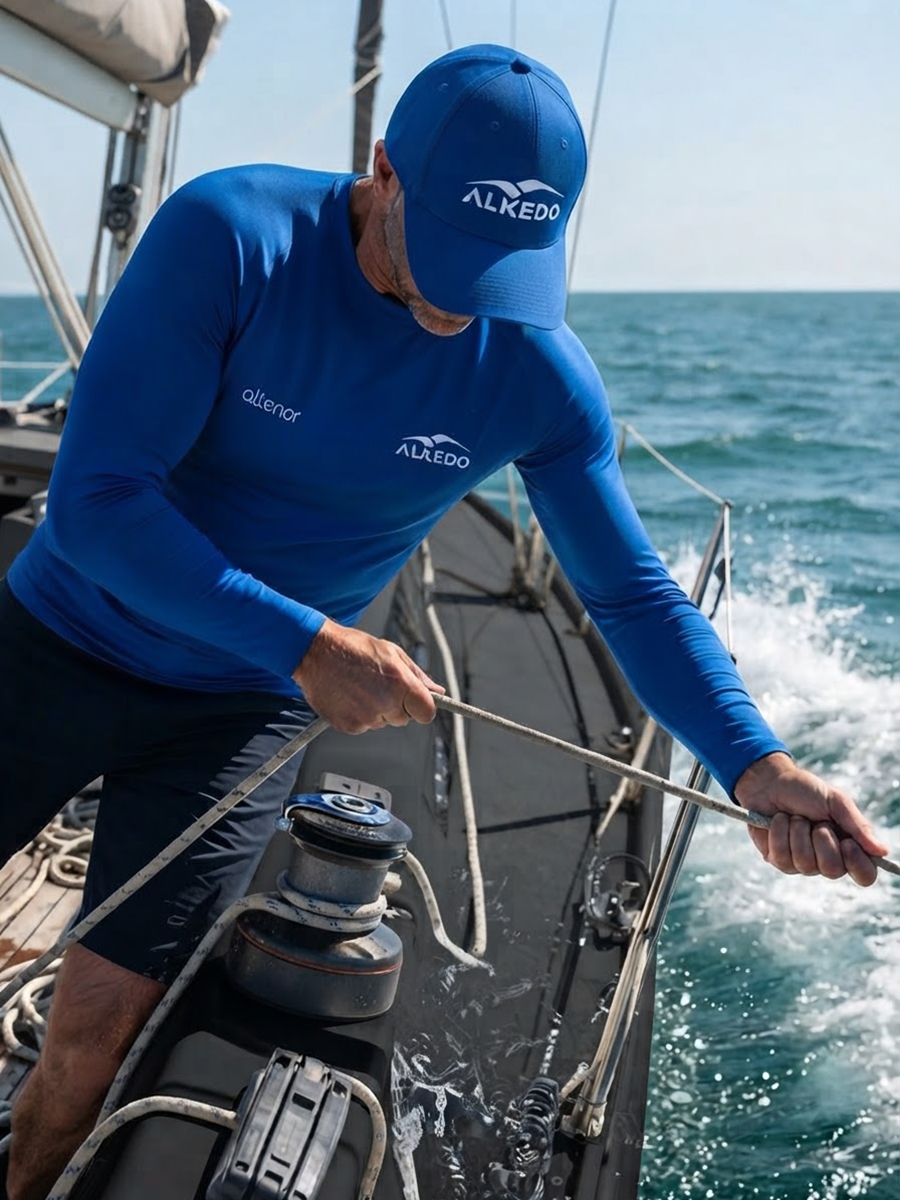 Alkedo Sailing Team: lycra a maniche lunghe e cappello dell’abbigliamento tecnico.