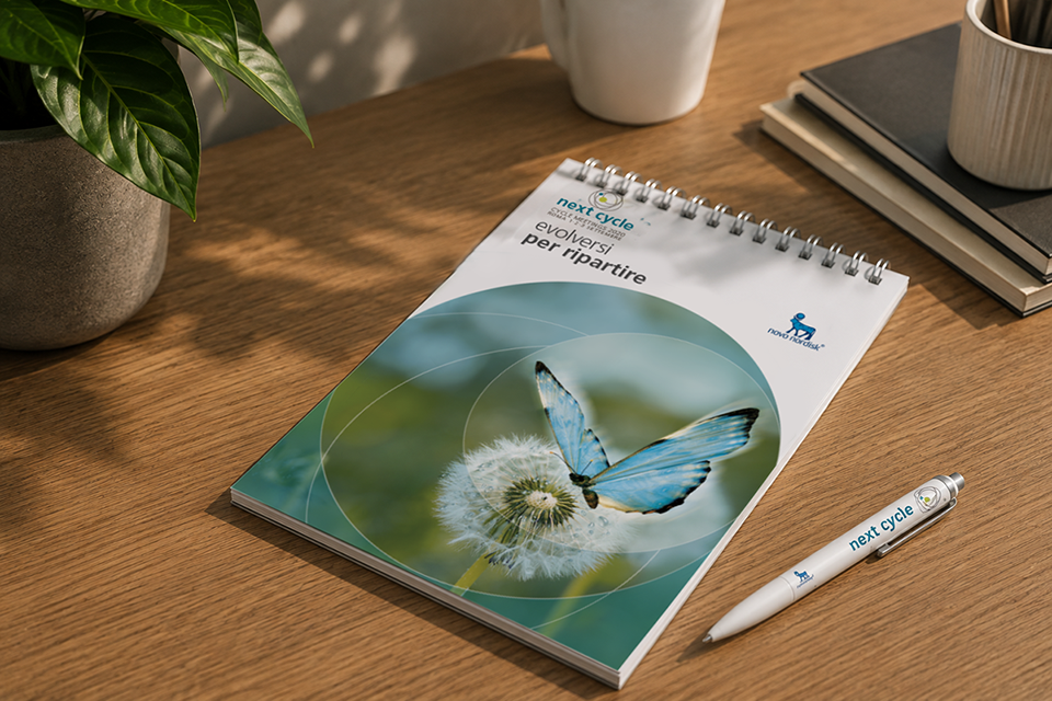 Materiali di comunicazione evento Novo Nordisk Next Cycle — sistema visivo integrato